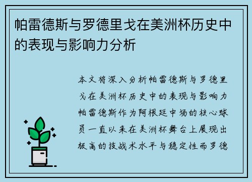 帕雷德斯与罗德里戈在美洲杯历史中的表现与影响力分析